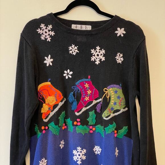 Vintage L Long sleeve ugly Christmas sweater holiday festive snowflake black - Picture 2 of 7